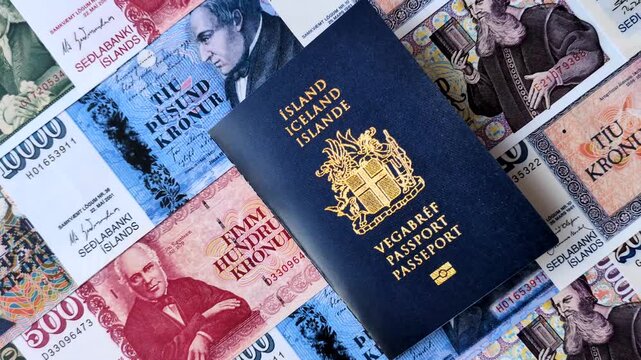 Iceland, Icelandic passport or id document with tickets for flight, travel, border crossing. Icelandic passport as a background for your design