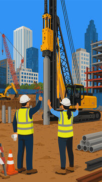Two construction engineers in hard hats and high-visibility vests guiding a pile driver at urban building site with skyscrapers and crane background vector illustration
