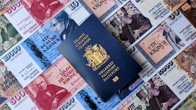 Iceland, Icelandic passport or id document with tickets for flight, travel, border crossing. Icelandic passport as a background for your design