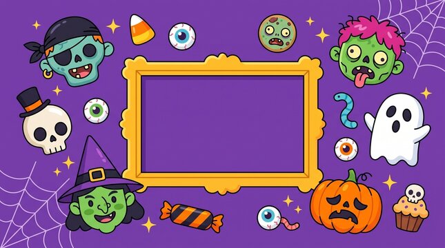 Halloween frame with cute cartoon characters including zombie witch ghost skull and pumpkin on a purple background with spider webs for party invitation design