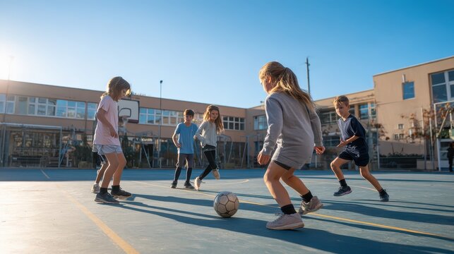 Diverse children playing soccer outdoors during golden hour with school building in background