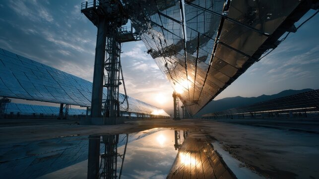 Concentrated solar power plant mirrors reflecting sunset during golden hour with dramatic sky and water puddle