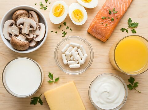 Healthy food and vitamin supplements arranged on a flat surface. vitamina d