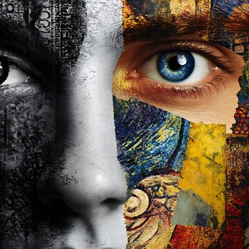 A close-up of a human face split into black-and-white textured half and a colorful, artistic collage half with a vivid blue eye.