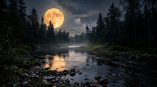 Full moon glowing over a serene forest river at night.