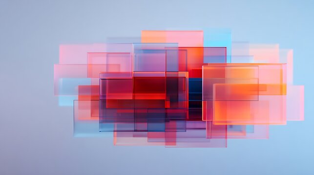 Abstract arrangement of overlapping translucent rectangles in varying shades of red, blue, and orange on a light background.