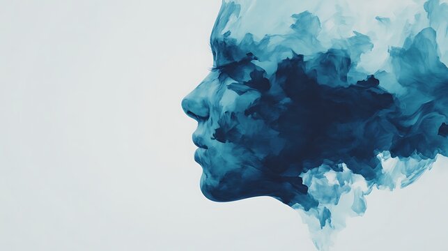 A blue abstract watercolor painting of a human face in profile, blending into a smoky, fluid background.