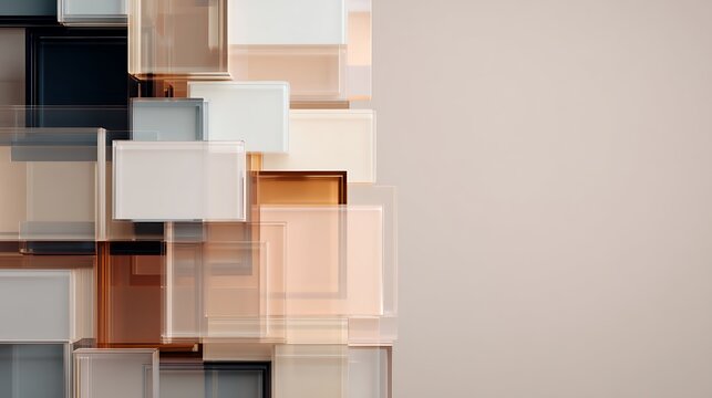 Abstract arrangement of translucent, overlapping rectangular shapes in neutral tones on a light background.