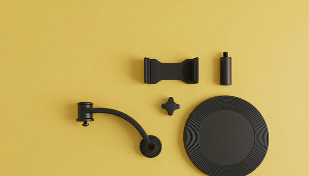 Black smartphone stand components on yellow background