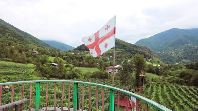 Georgian flag waving over the beautiful green vines in Adjara region of Georgia