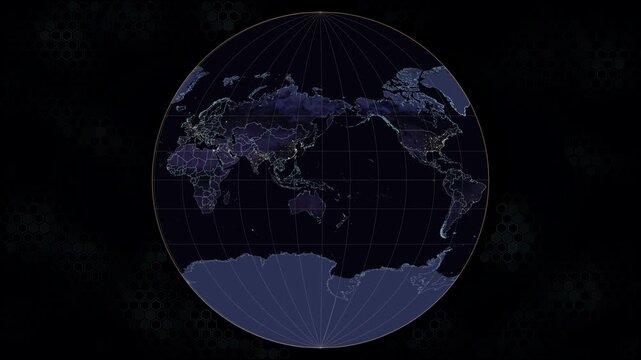 Van Der Grinten 3 world map projection. Earth rotates eastward, glowing city night lights, amber graticule, cyan borders. Animated hexagon background, deep space sphere. Seamless loop. 4K resolution.