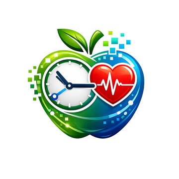 Modernes Symbol aus einem Apfel, Zeitmesser und EKG, f&uuml;r gesunde Ern&auml;hrung, Gesundheit und Digitalisierung