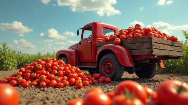 Red vintage pickup truck loaded with fresh tomatoes on a farm field under a blue sky, concept of agricultural abundance and harvest