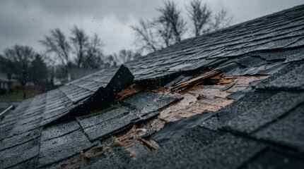Fototapeta premium Damaged Roof Shingles After a Severe Storm with Exposed Wood Underlayment, concept of property damage and insurance liability