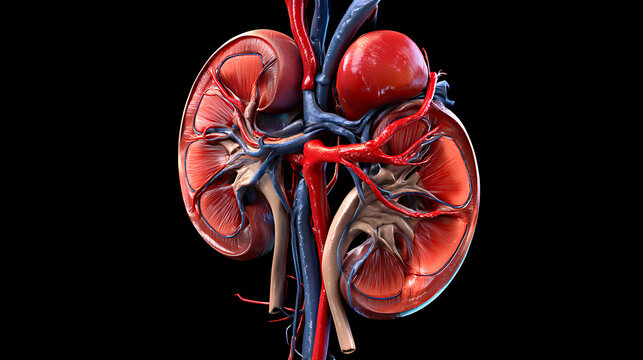 Human kidneys with highlighted renal arteries and veins 3d rendering