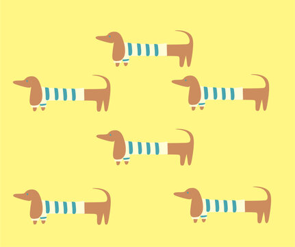 Seamless pattern with cute dachshund dogs in striped sweaters on yellow background
