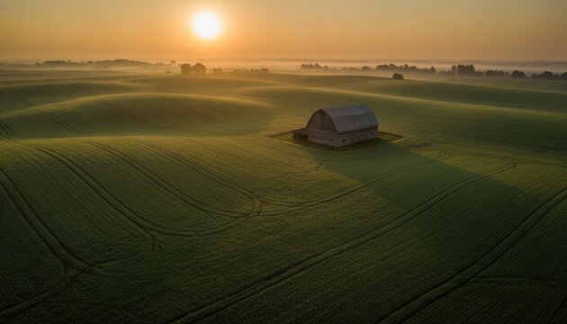 Aerial view of a lonely barn in rolling green hills at sunrise with morning mist, concept of serenity and rural isolation
