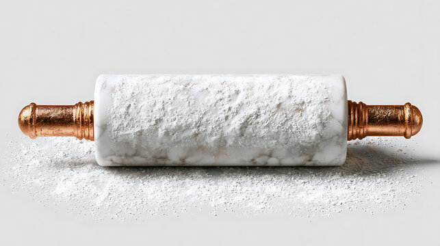 Marble rolling pin with copper handles covered in flour studio shot