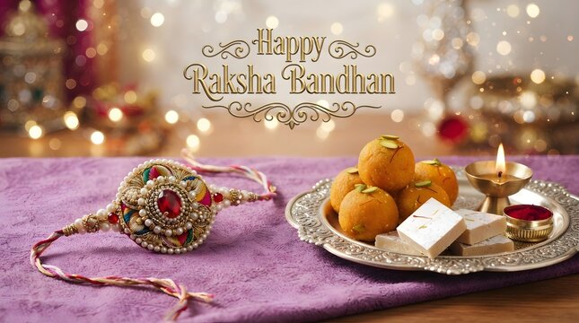Happy raksha bandhan greeting card with a traditional rakhi, a plate of laddu and kaju katli sweets, and a diya lamp on a purple fabric background