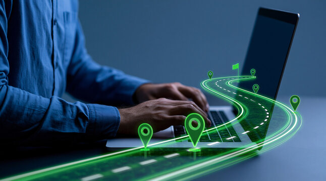 A man typing on a laptop with a glowing virtual roadmap and location pins emerging from the keyboard. Ideal for logistics and navigation technology concepts.