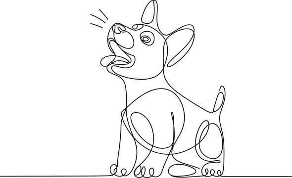 Continuous line drawing of a barking puppy dog sitting up and making noise with howling dog animal art black and white minimalist art pet sketch vector graphic wall art illustration minimalism