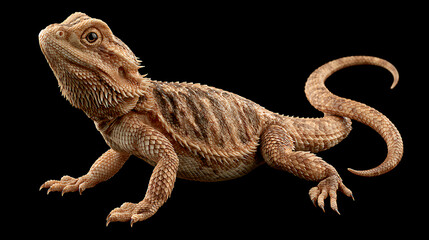 Fototapeta premium Bearded dragon reptile with textured scales rests against a black background