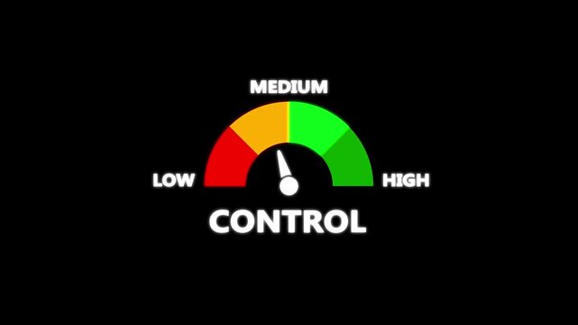 Control Meter Measuring animation on a transparent background alpha channel. Motion graphics of level meter concept.Low medium high speed meter animation video.