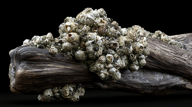 Barnacles encrusting weathered driftwood against a dark background