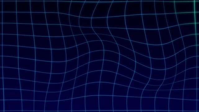 Abstract warped grid pattern with wavy  curved Blue lines on black background, futuristic distortion texture, geometric perspective, optical illusion, architectural mesh, modern design background .