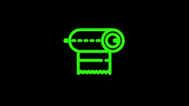Abstract Green receipt printer icon with glowing outline and paper roll, digital cash register interface, modern technology symbol on black background,  