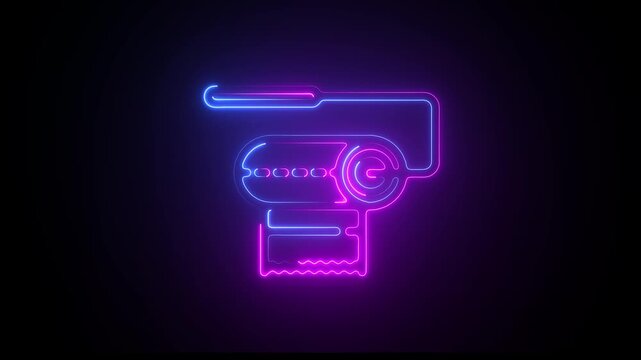 Glowing neon pink and blue receipt printer icon with glowing outline and paper roll, digital cash register interface, modern technology symbol on black background,  