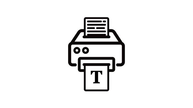 Printer with paper document output tray icon, black line icon animation on bright White background, office printing technology, photocopying, scanner, and document processing concept 4k animation .