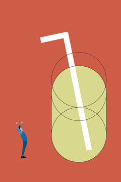 Businessman celebrates a big opportunity symbolized by a giant glass of fresh