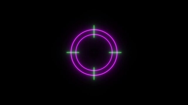 Futuristic glowing Pink radar target with concentric circles and cross-hair lines, abstract aiming reticular, digital targeting interface, insecurity and military technology background.