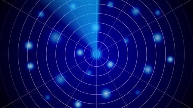 Futuristic blue radar screen with glowing data points, circular targeting grid, digital network visualization, insecurity technology background, abstract Tracker and communication high tech interface.