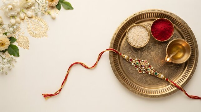Traditional raksha bandhan thali with rakhi, rice, vermilion, and diya isolated on white background