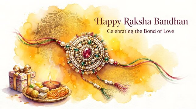Watercolor illustration of a beautiful rakhi with sweets, a gift box, and a diya for raksha bandhan celebration