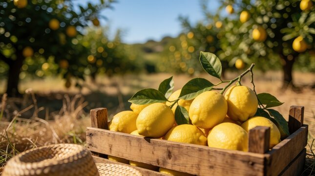 Fresh Harvest of Yellow Lemons in a Wooden Crate at a Sunny Citrus Orchard, concept of agricultural abundance and fresh organic harvest