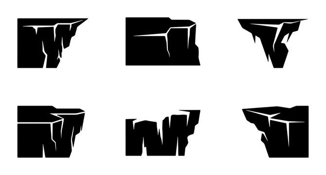 Black Cliff Edge Vector Icons, Jagged Rock Formations, Mountain Scenery Elements, Game Design Assets, Dramatic Landscape Graphics