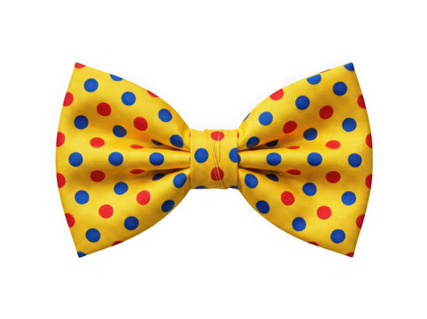 Yellow bow tie with red and blue polka dots for formal fashion accessory isolated on transparent background