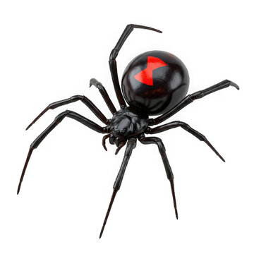 Black widow spider with a red hourglass mark on its shiny round body isolated on transparent background