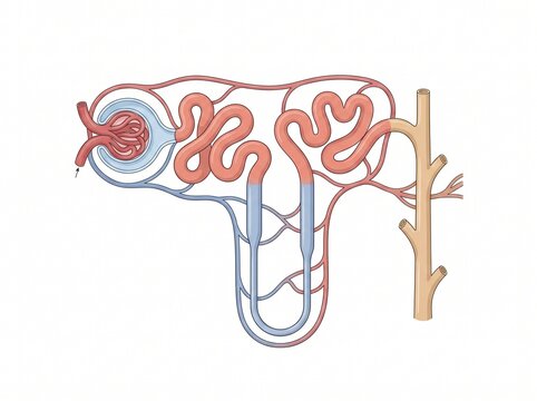 Anatomical Illustration of a Human Kidney Nephron Showing Glomerulus and Tubules for Medical Science Education and Biological Study