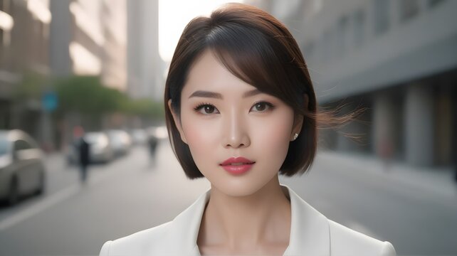 Portrait of professional Asian business woman standing outdoors on city street in white suit for corporate stock photo presentation website background header element