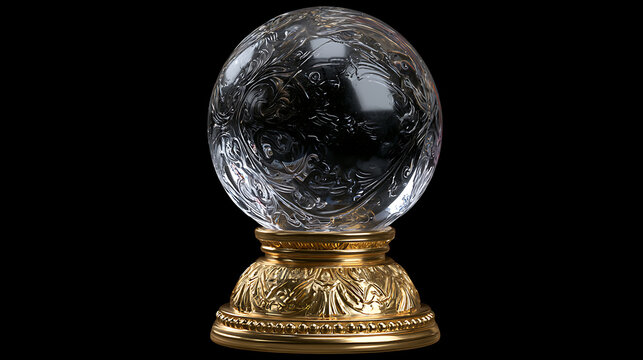 Crystal ball with ornate golden base against a black background