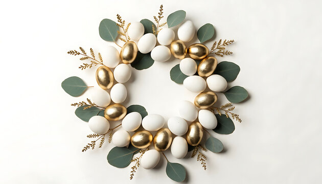 Elegant Easter wreath featuring white and gold eggs with eucalyptus leaves and golden sprigs