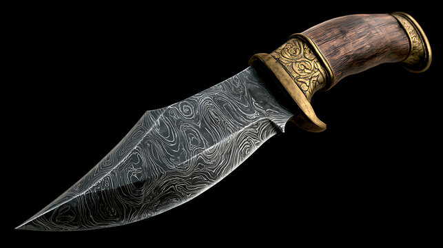 Damascus steel hunting knife with ornate handle and patterned blade