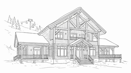 Obraz premium Line art sketch of a rustic wooden ski resort lodge in snowy mountains