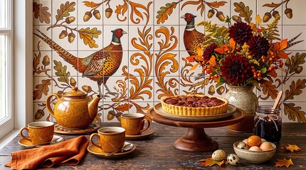 Fototapeta premium Rustic Autumn Table With Pecan Pie, Floral Bouquet, Tea Cups and Fall Harvest Decor