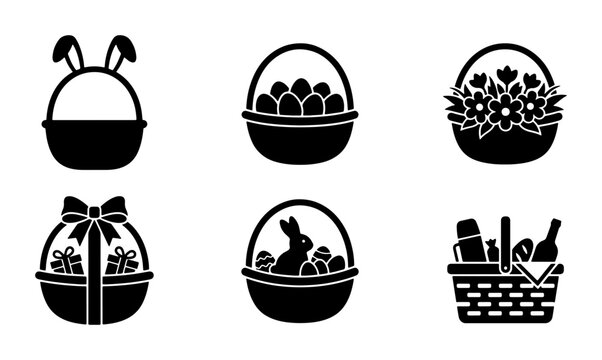 Easter Basket Icon Set, Spring Holiday Celebration Vector Graphics, Festive Egg Hunt and Gift Collection, Black and White Silhouette Graphics