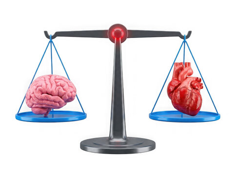 Human brain and heart balancing on a scale to symbolize emotion and logic isolated on transparent background